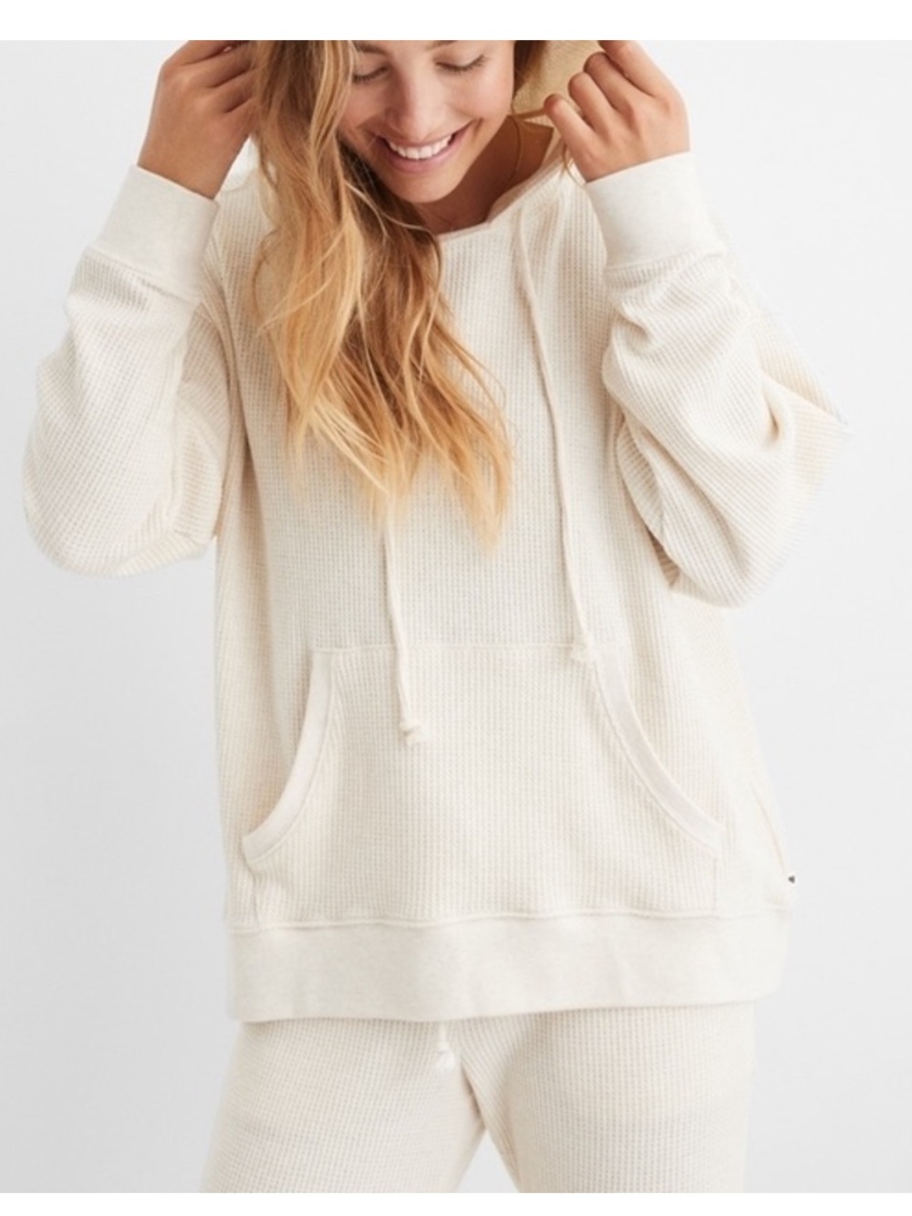 Aerie Waffle-Knit Sweatshirt/Jogger Set in Cream